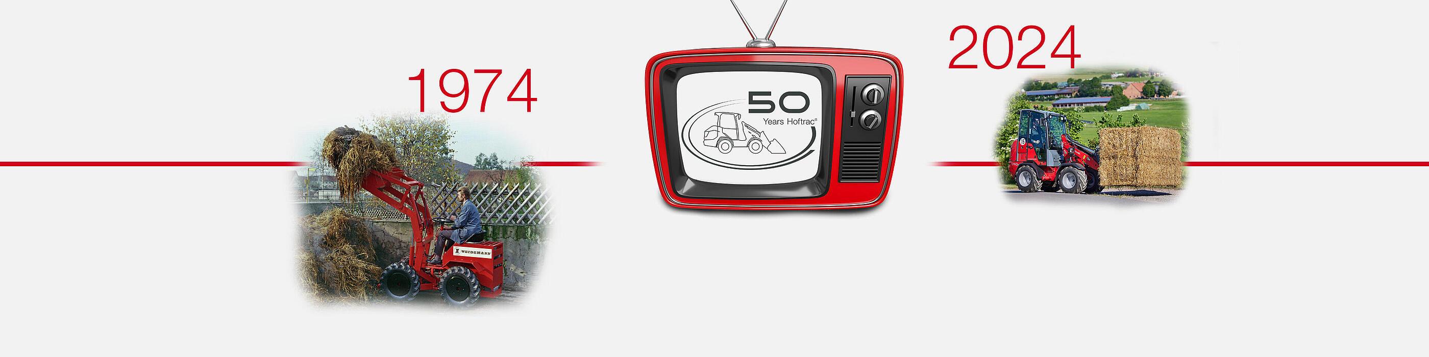 Weidemann 50 Jahre Hoftrac Jubiläum Logo und Fernseher